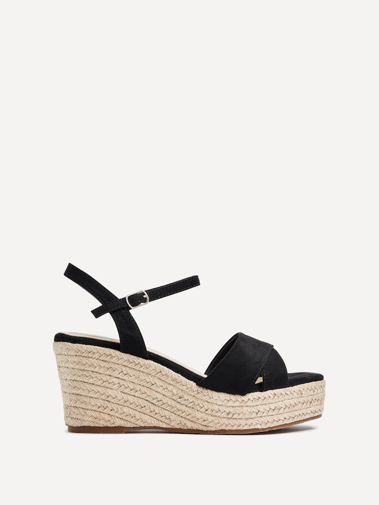 Linzi Black Wide Fit Desert Wedges With Ankle Strap And Cross-Over Detail - Image 2 of 5 Linzi Black Wide Fit Desert Wedges With Ankle Strap And Cross-Over Detail - Image 2 of 5
