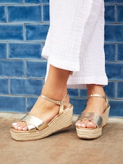 Linzi Gold Wide Fit Desert Wedges With Ankle Strap And Cross-Over Detail - Image 1 of 5