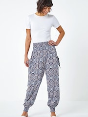 Roman Blue Floral Print Stretch Hareem Trousers - Image 3 of 5