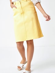 Roman Yellow A-Line Knee Length Denim Skirt - Image 1 of 5