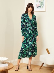 Love & Roses Blue Animal Collared Long Sleeve Wrap Midi Dress - Image 1 of 4