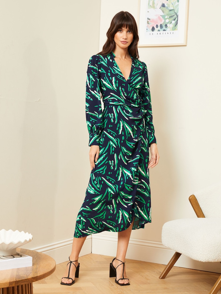 Love & Roses Blue Animal Collared Long Sleeve Wrap Midi Dress - Image 1 of 4
