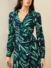 Love & Roses Blue Animal Collared Long Sleeve Wrap Midi Dress - Image 2 of 4