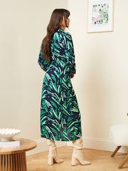 Love & Roses Blue Animal Collared Long Sleeve Wrap Midi Dress - Image 3 of 4