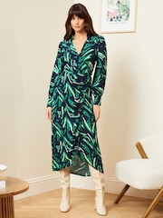 Love & Roses Blue Animal Collared Long Sleeve Wrap Midi Dress - Image 4 of 4