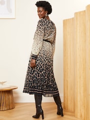 Love & Roses Brown Printed Belted Pleated Long Sleeve Midi Dress - Image 2 of 4