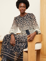 Love & Roses Brown Printed Belted Pleated Long Sleeve Midi Dress - Image 3 of 4