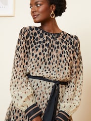 Love & Roses Brown Printed Belted Pleated Long Sleeve Midi Dress - Image 4 of 4