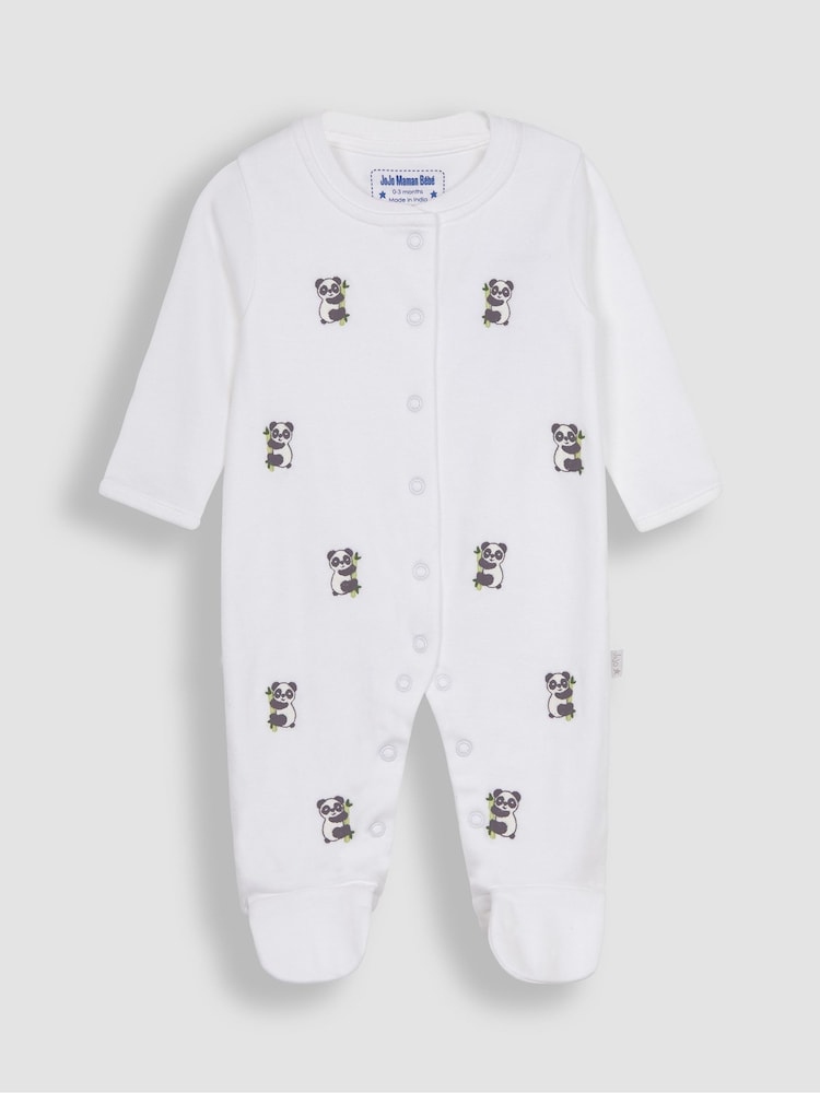 JoJo Maman Bébé White Panda Embroidered Cotton Baby Sleepsuit - Image 1 of 2