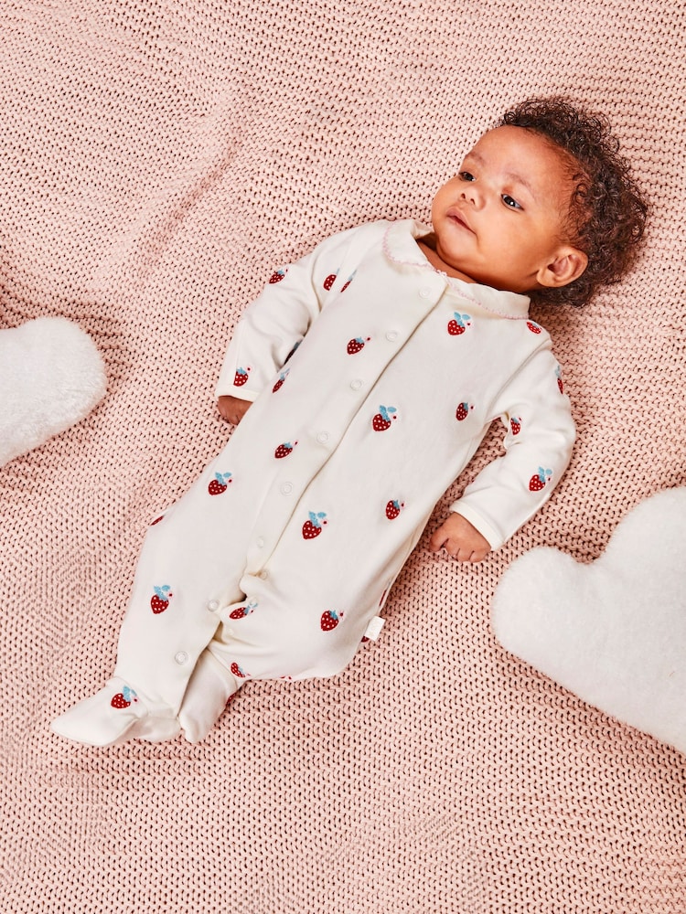 JoJo Maman Bébé Red Strawberry Embroidered Cotton Baby Sleepsuit - Image 1 of 4