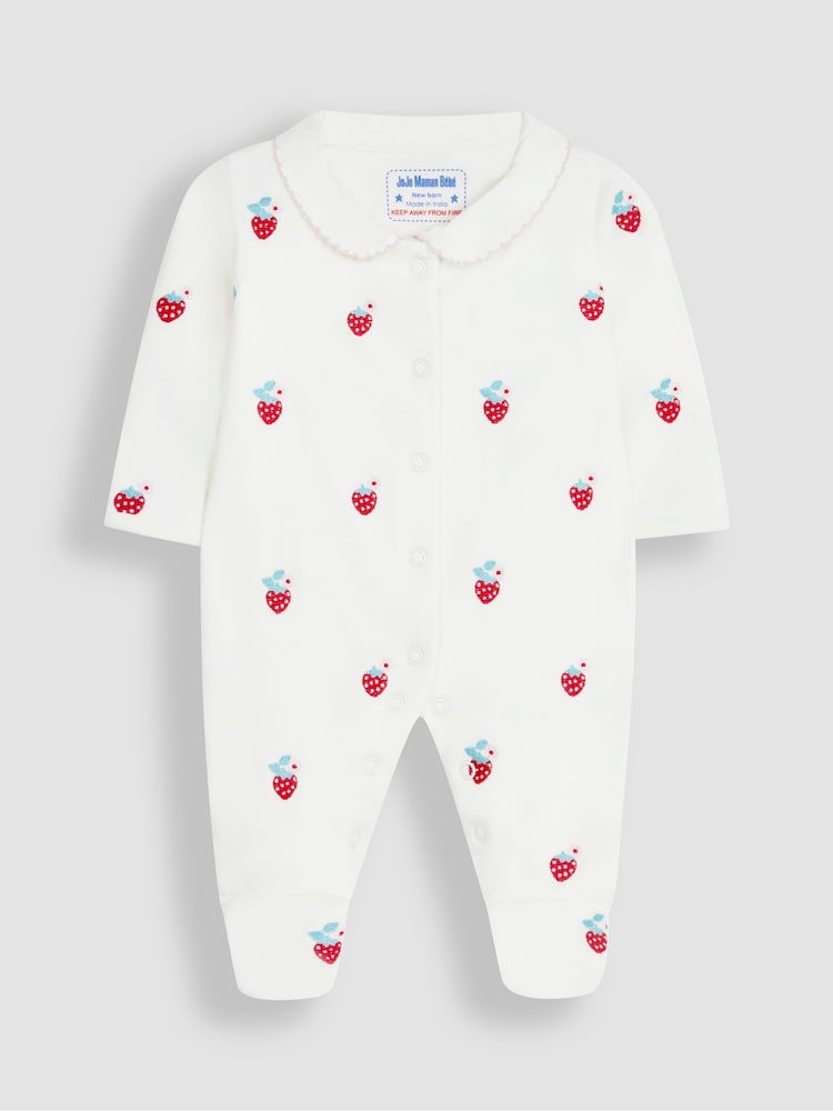 JoJo Maman Bébé Red Strawberry Embroidered Cotton Baby Sleepsuit - Image 2 of 4