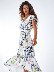 Roman Cream Floral Tie Waist Chiffon Dress - Image 1 of 5