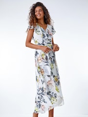 Roman Cream Floral Tie Waist Chiffon Dress - Image 3 of 5