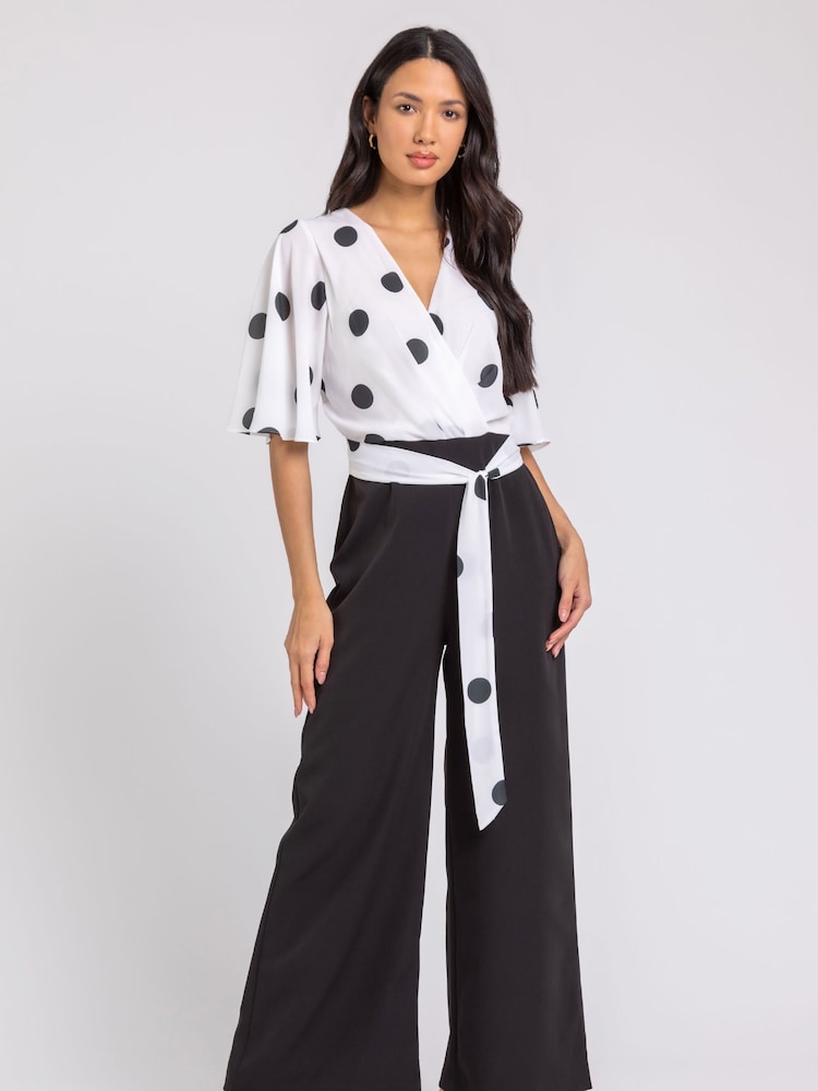 Roman Black Spot Print Wide Leg Wrap Jumpsuit - Image 1 of 1
