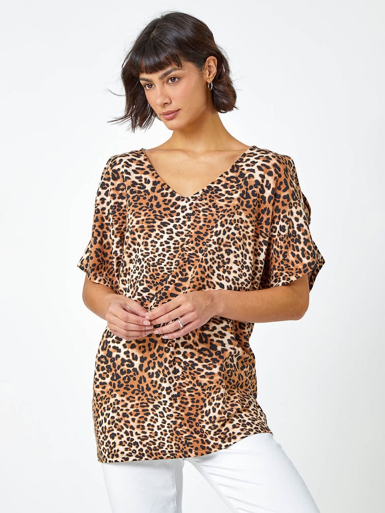Roman Brown Animal Print Jersey Cold Shoulder Top - Image 1 of 5