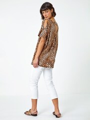 Roman Brown Animal Print Jersey Cold Shoulder Top - Image 2 of 5