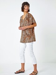 Roman Brown Animal Print Jersey Cold Shoulder Top - Image 3 of 5