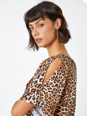 Roman Brown Animal Print Jersey Cold Shoulder Top - Image 5 of 5