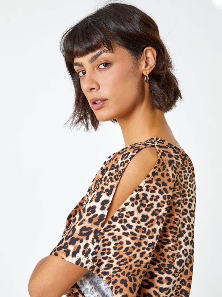 Roman Brown Animal Print Jersey Cold Shoulder Top - Image 5 of 5
