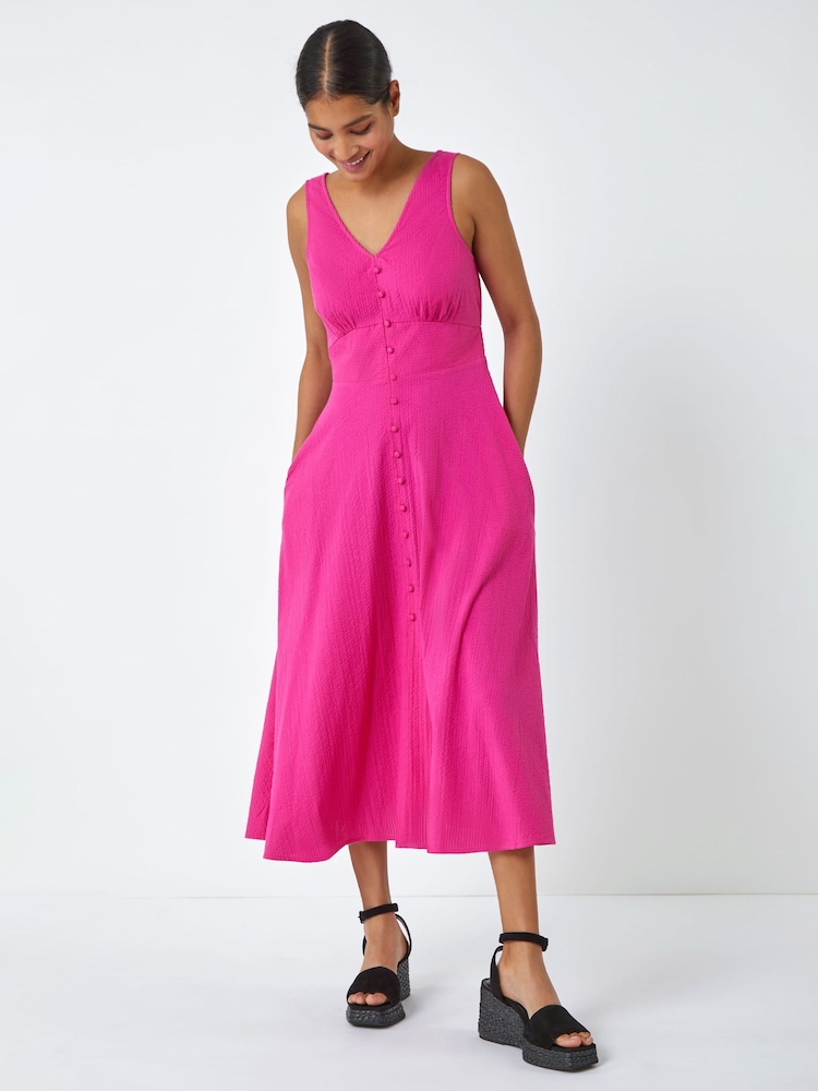 Roman Pink Textured Stripe Button Detail Midi Dress - Image 1 of 4