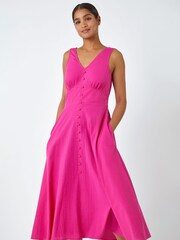 Roman Pink Textured Stripe Button Detail Midi Dress - Image 2 of 4