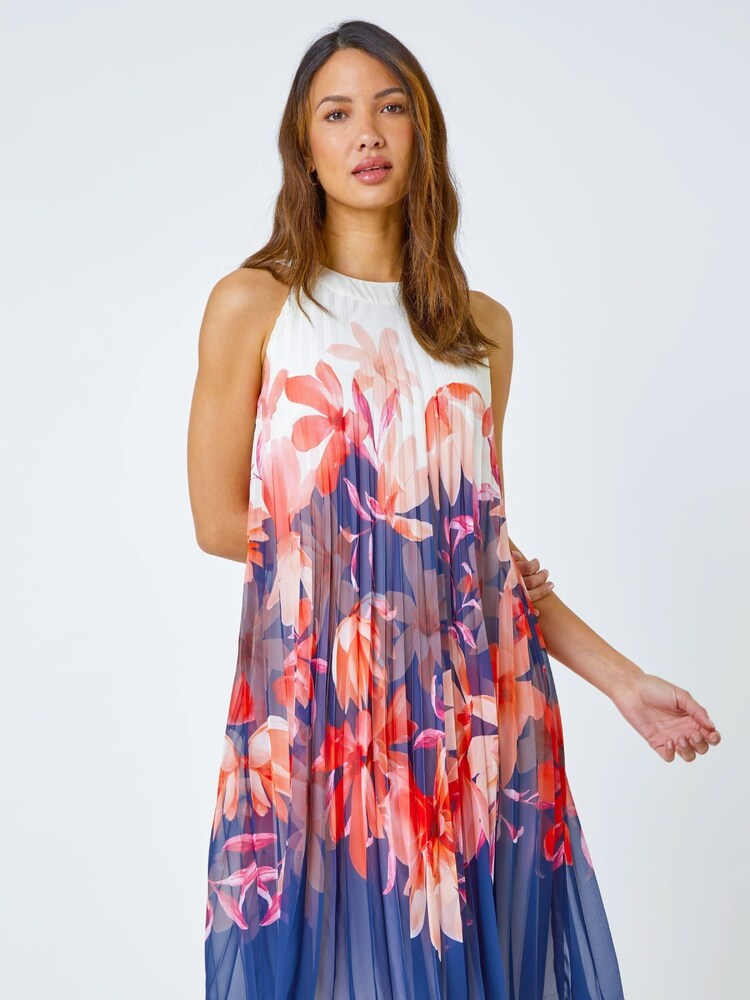 Roman Orange Floral Print Pleated Swing Dress - Image 1 of 5