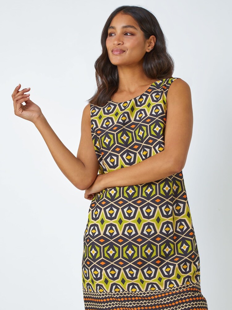 Roman Green Geometric Border Print Shift Dress - Image 1 of 5