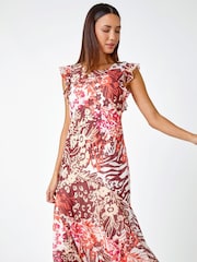 Roman Pink Floral Print Frill Detail Midi Dress - Image 1 of 5