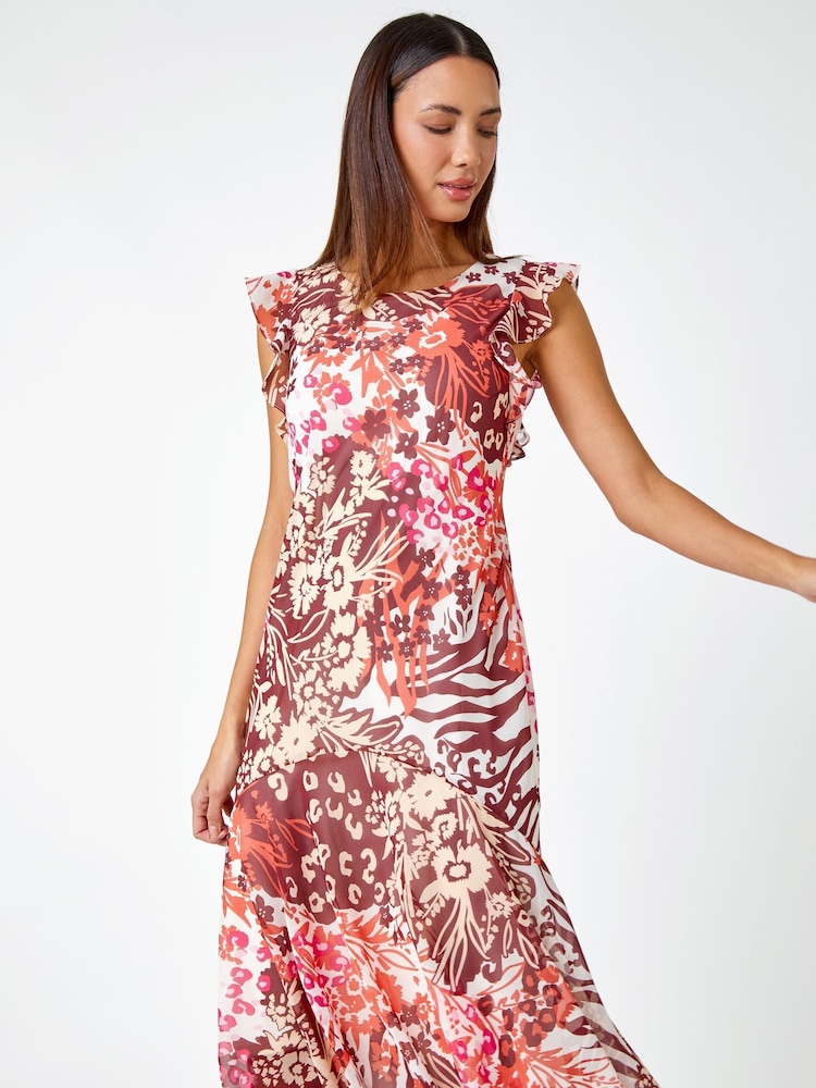Roman Pink Floral Print Frill Detail Midi Dress - Image 1 of 5