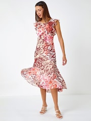 Roman Pink Floral Print Frill Detail Midi Dress - Image 2 of 5