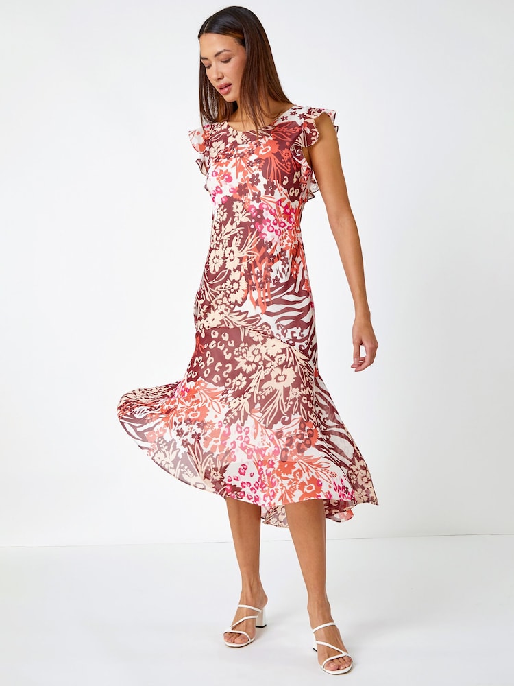 Roman Pink Floral Print Frill Detail Midi Dress - Image 2 of 5 Roman Pink Floral Print Frill Detail Midi Dress - Image 2 of 5