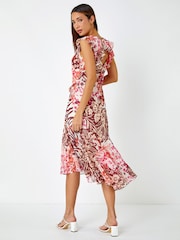 Roman Pink Floral Print Frill Detail Midi Dress - Image 3 of 5