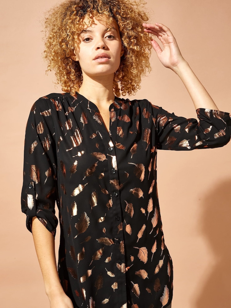 Roman Black Originals Foil Feather Print Button Through Blouse - Image 1 of 5