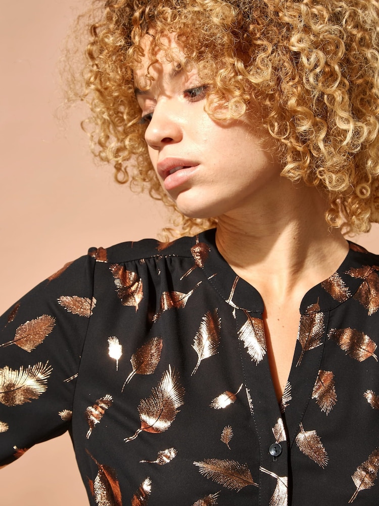 Roman Black Originals Foil Feather Print Button Through Blouse - Image 5 of 5