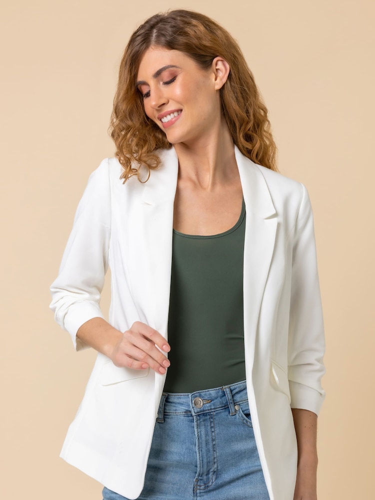 Roman White Ruched 3/4 Sleeve Jacket - Image 1 of 4