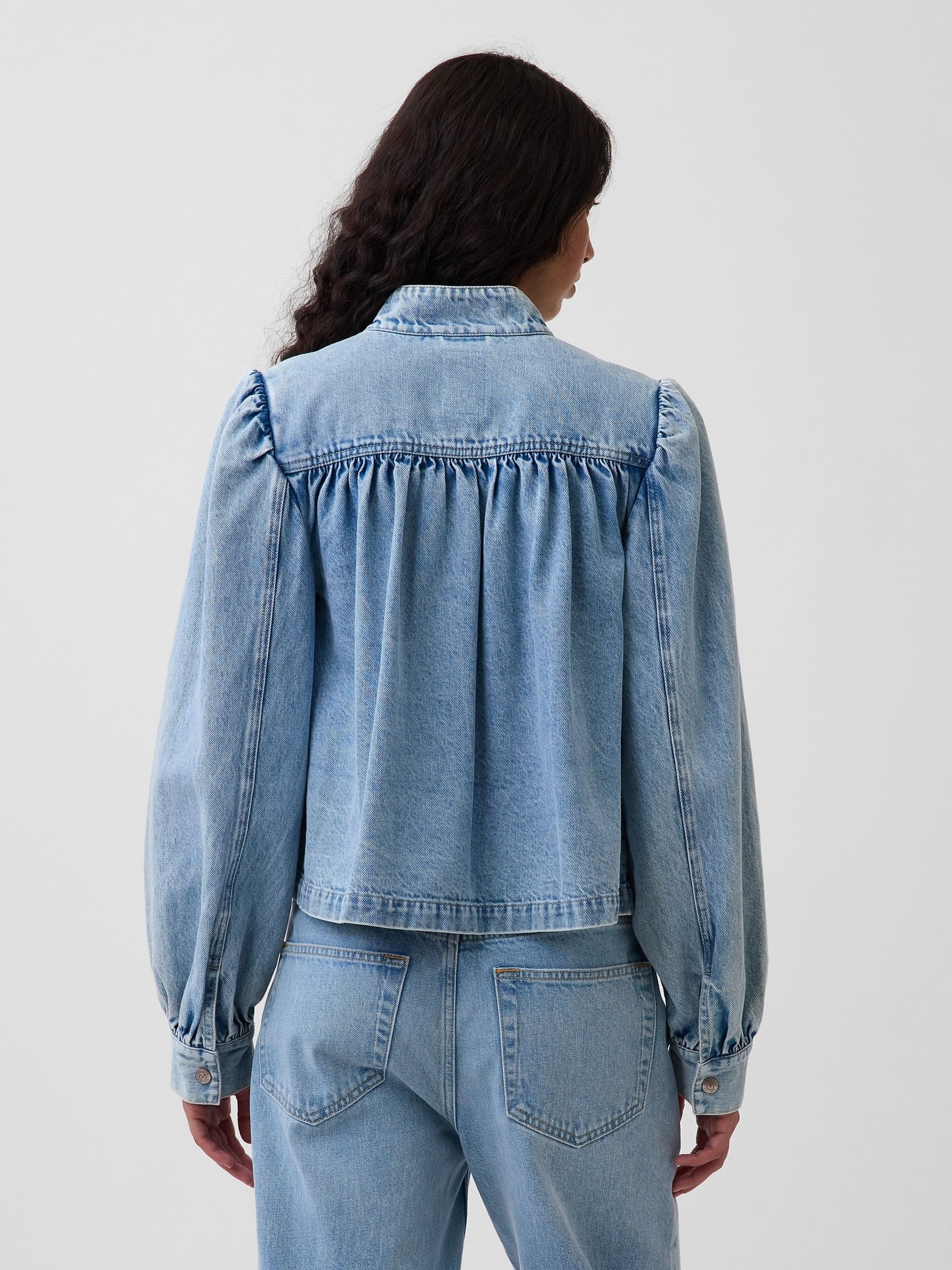 Buy Gap Light Wash Denim Balloon-Sleeve Crop Swing Jacket from the