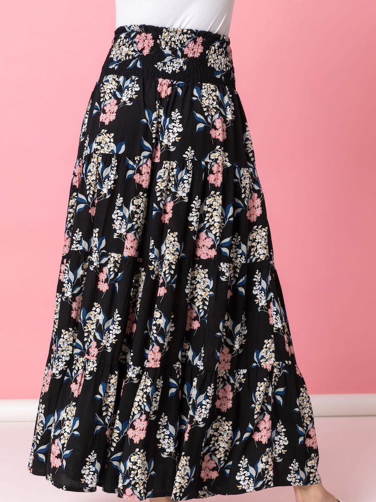 Roman Black Floral Shirred Waist Maxi Skirt - Image 2 of 4