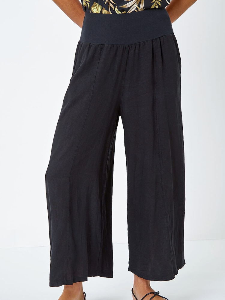 Roman Black Linen Blend Stretch Waist Culottes - Image 1 of 5