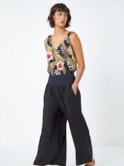 Roman Black Linen Blend Stretch Waist Culottes - Image 3 of 5