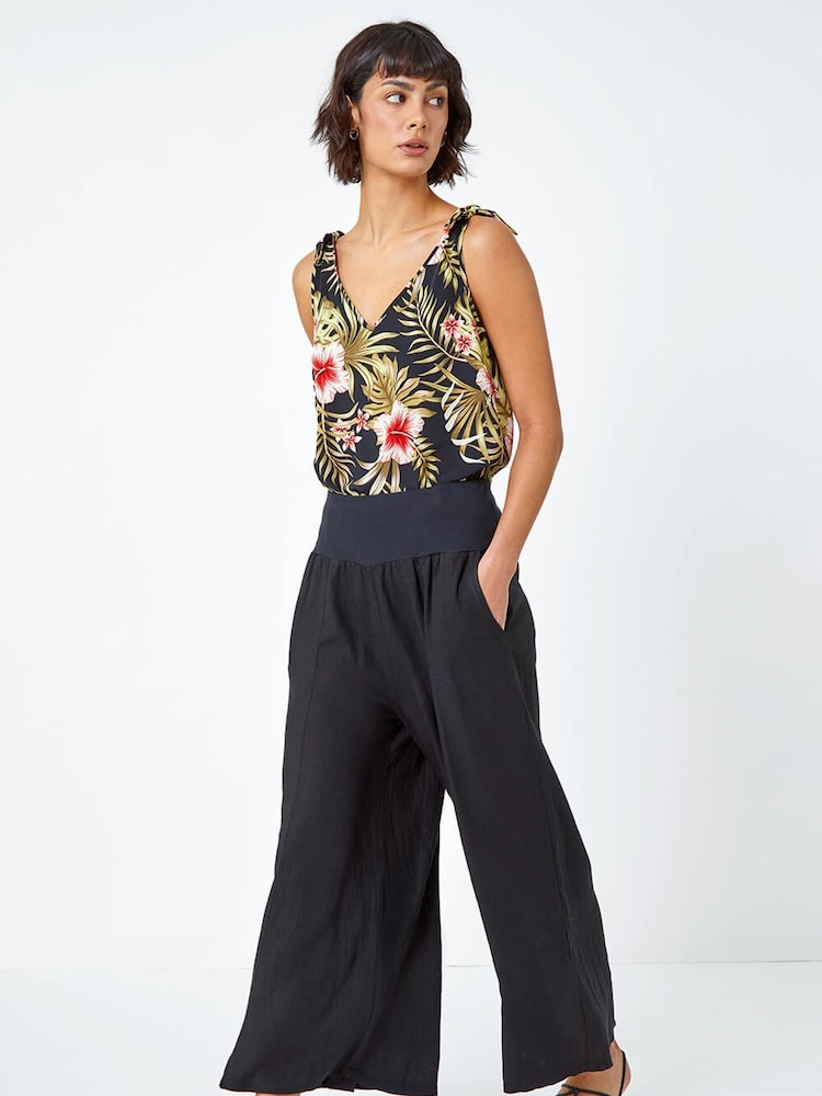 Roman Black Linen Blend Stretch Waist Culottes - Image 3 of 5