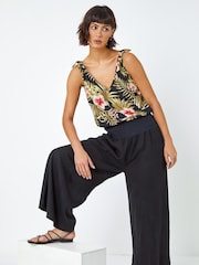 Roman Black Linen Blend Stretch Waist Culottes - Image 4 of 5
