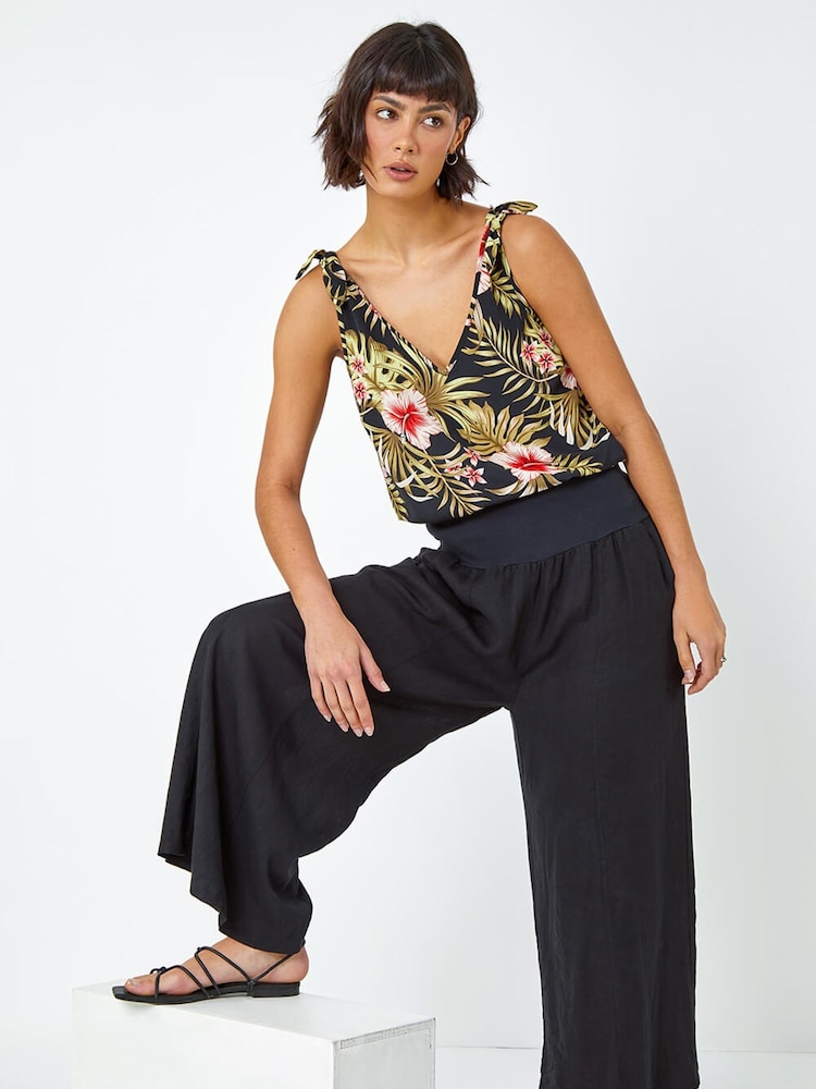 Roman Black Linen Blend Stretch Waist Culottes - Image 4 of 5