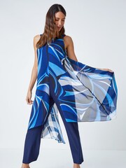 Roman Blue Full Length Printed Overlay Jumpsuit - Image 3 of 5