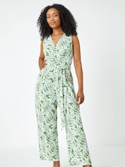 Roman Green Petite Sleeveless Leaf Print Jumpsuit - Image 1 of 5