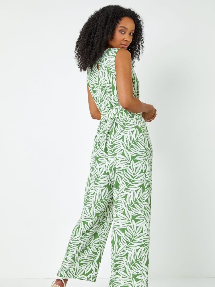 Roman Green Petite Sleeveless Leaf Print Jumpsuit - Image 2 of 5