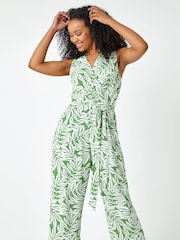 Roman Green Petite Sleeveless Leaf Print Jumpsuit - Image 3 of 5