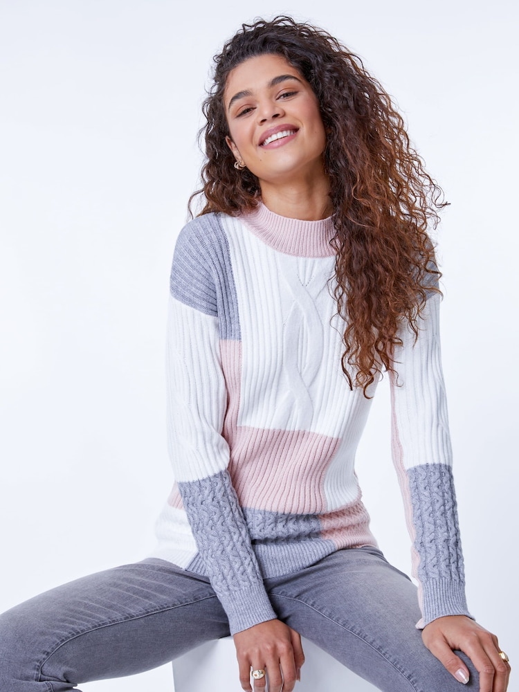 Roman Pink High Neck Colourblock Cable Knit Jumper - Image 1 of 5