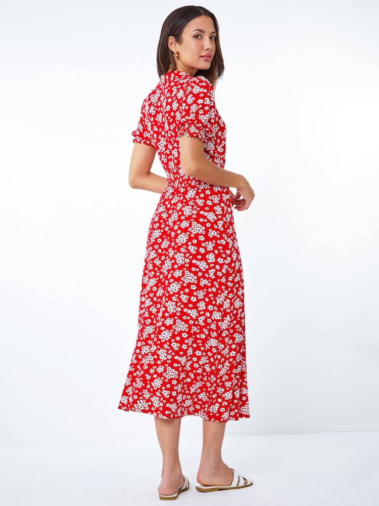 Roman Red Ditsy Floral Print Jersey Fit & Flare Dress - Image 2 of 5