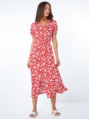 Roman Red Ditsy Floral Print Jersey Fit & Flare Dress - Image 3 of 5