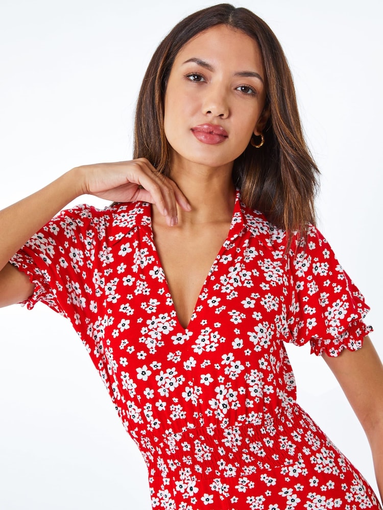 new look red ditsy floral dress Red Ditsy Floral Frill Midi Dress